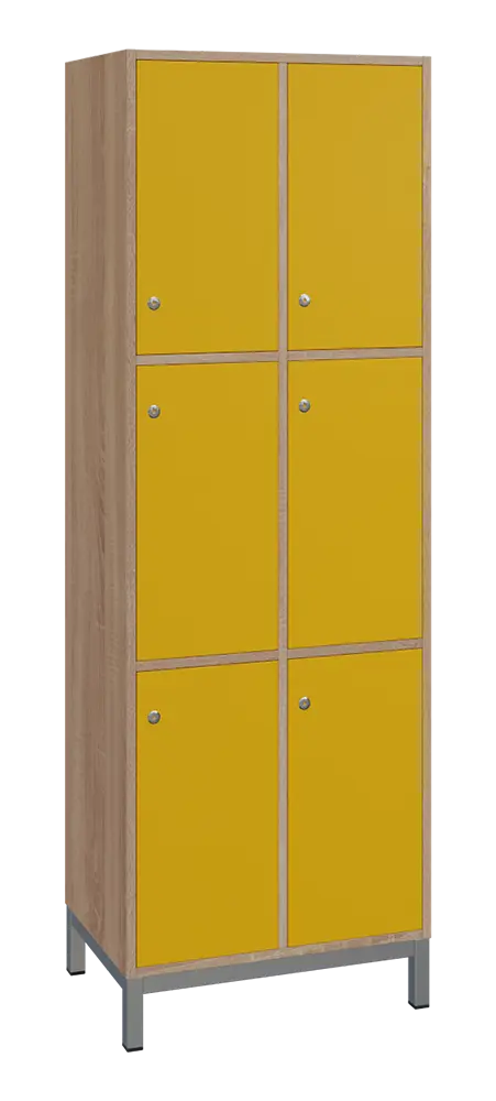 SBS-3322 šatní skříň 6-boxová, 1800x600x400 mm, kovové nohy, korpus dub bardolino, dvířka žlutá odio